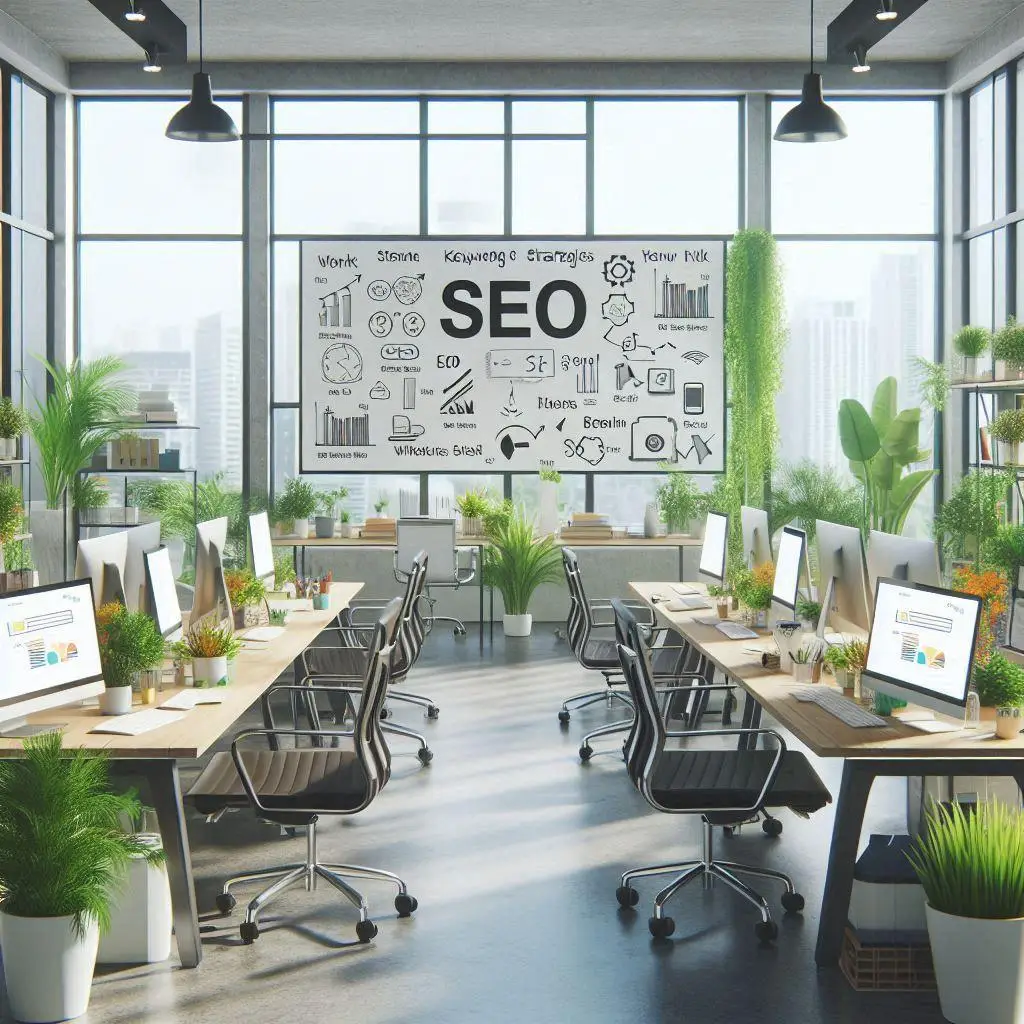 ufficio con in fondo una lavagna che analizza dei dati per le migliori strategie SEO